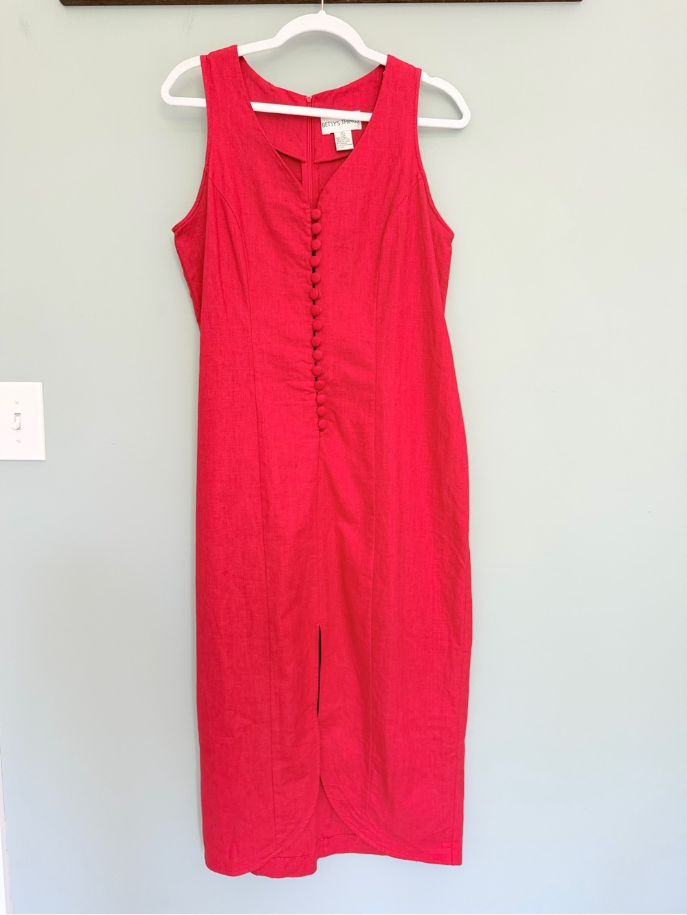 Vintage Betsy's Things Linen Cotton Blend Red Sleeveless Button Front Midi Dress